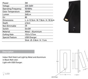 Aplica moderna cu spot LED directionabil USB Charger Hotel negru