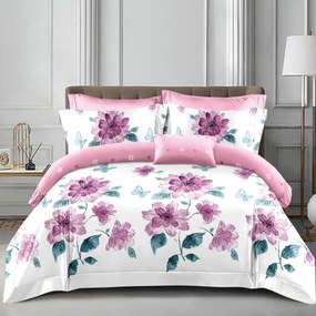Lenjerie de pat cu 2 fete, policoton, 4 piese, pat 2 persoane, alb / roz , A50-629
