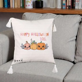 Perna Decorativa Happy Halloween Boo Trei Dovlecei Kawaii, 40x40 cm, Bej cu Franjuri, Husa Detasabila, Perna Inclusa, BEKZ®