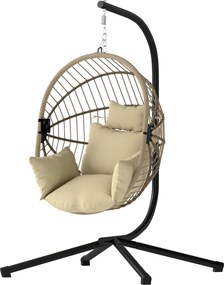 Outsunny Fotoliu tip ou suspendat, Scaun hamac/leagăn interior și exterior, Coș pliabil, Pernă căptușită, Kaki | Aosom Romania