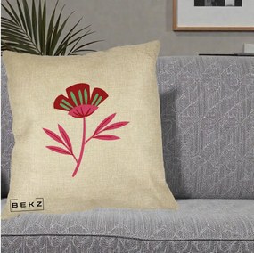 Perna Decorativa Floare Macul Roz-Rosu Grafic, 40x40 cm, Crem, Husa Detasabila, Perna Inclusa, BEKZ®