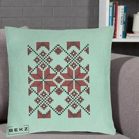 Perna Personalizata Motiv Traditional Cusatura Rosu-Negru, 40x40 cm, Verde Menta, Husa Detasabila, Perna Inclusa, BEKZ®