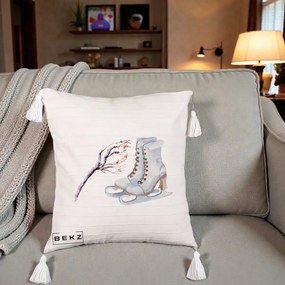 Perna Decorativa Patine cu Ramuri Inzapezite, 40x40 cm, Bej cu Franjuri, Husa Detasabila, Perna Inclusa, BEKZ®