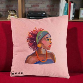Perna Decorativa Portret Femeie Urbana Acuarela, 40x40 cm, Roz, Husa Detasabila, Perna Inclusa, BEKZ®