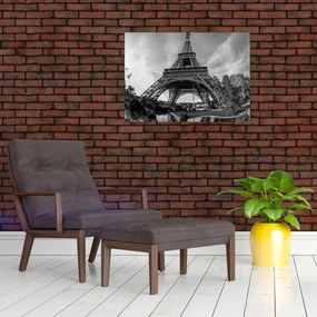 Tablou pe sticlă - Turnul Eiffel, alb-negru (70x50 cm)