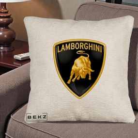 Perna Personalizata cu emblema Lamborghini, 40x40 cm, Bej Canapea, Husa Detasabila, Perna Inclusa, BEKZ®
