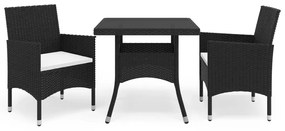 vidaXL Set mobilier de grădină, 3 piese, negru, poliratan și sticlă