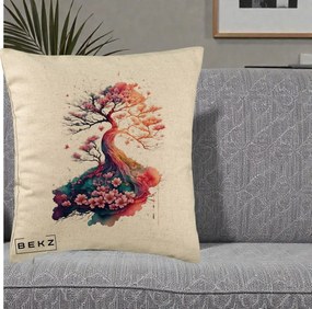 Perna Decorativa Copac Sakura Acuarela Fantasy, 40x40 cm, Bej, Husa Detasabila, Perna Inclusa, BEKZ®