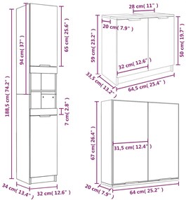 Set dulapuri de baie, 3 piese, stejar maro, lemn prelucrat Stejar brun, 3