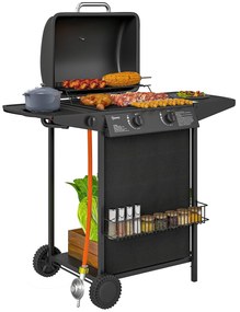 Outsunny Grătar pe Gaz cu Capac, Termometru, Măsuță Laterală și Tavă pentru Colectarea Grăsimii, 107x54x96 cm, Negru | Aosom Romania