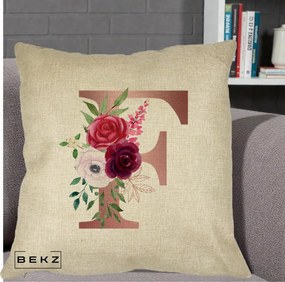 Cadou Personalizat - Perna Personalizata Monograma Rose Gold Litera F, 40x40 cm, Crem, Husa Detasabila, Perna Inclusa, BEKZ®