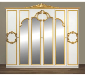 Dormitor Barocco, culoare alb / auriu, cu pat tapitat 160 x 200 cm, dulap cu 6 usi si oglinda, comoda, 2 noptiere (saltea si somiera incluse)