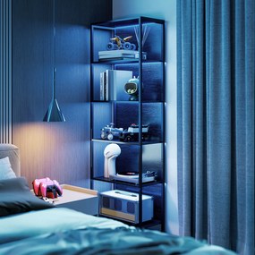 HOMCOM Bibliotecă cu 5 Rafturi, Verticală cu Iluminare LED în 7 Culori, Economisire Spațiu pentru Living, Dormitor și Birou, 60x30x179 cm, Negru | Aosom Romania