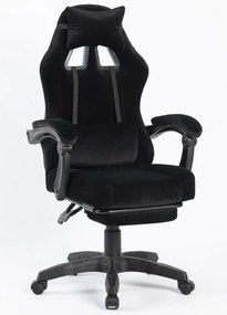 Scaun gaming, masaj în perna lombară, suport picioare, negru, catifea