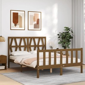 3192464 vidaXL Cadru de pat cu tăblie, dublu mic, maro miere, lemn masiv