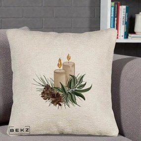Perna Decorativa Lumanari cu Ilex si Conuri Ilustratie, 40x40 cm, Bej Canapea, Husa Detasabila, Perna Inclusa, BEKZ®