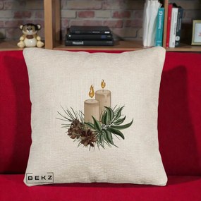Perna Decorativa Lumanari cu Ilex si Conuri Ilustratie, 40x40 cm, Bej Canapea, Husa Detasabila, Perna Inclusa, BEKZ®