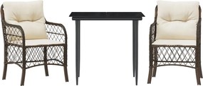 vidaXL Set bistro cu perne, 3 piese, maro, poliratan