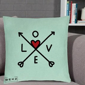 Perna Decorativa Love cu Sageti Incrucisate si Inima Rosie, 40x40 cm, Verde Menta, Husa Detasabila, Perna Inclusa, BEKZ®