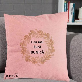 Cadou pentru Bunica - Perna Personalizata Cea Mai Buna Bunica Coronita Frunze Acuarela, 40x40 cm, Roz, Husa Detasabila, Perna Inclusa, BEKZ®
