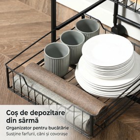 HOMCOM Cărucior Bucătărie cu 2 Coșuri Metalice Detașabile, Rafturi PAL, Cârlige Laterale, 40x38x111cm, Nuc | Aosom Romania