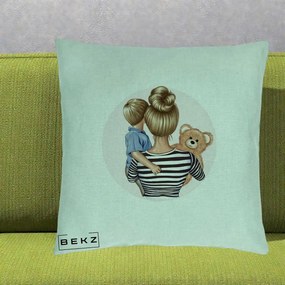 Cadou pentru Mama - Perna Personalizata Mama si Baietelul cu Ursulet, 40x40 cm, Verde Menta, Husa Detasabila, Perna Inclusa, BEKZ®