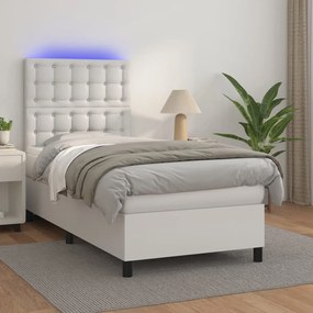 vidaXL Pat continental cu saltea &amp; LED, alb, 80x200 cm, piele eco