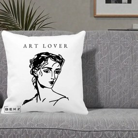 Perna Decorativa Art Lover Portret Grafic, 40x40 cm, Alba Mata, Husa Detasabila, Perna Inclusa, BEKZ®