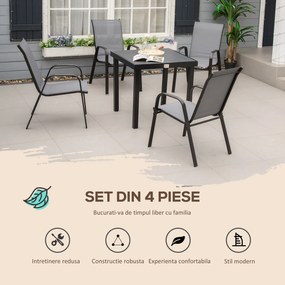 Outsunny Set de 4 Scaune de Grădină Stivuibile, Scaune de Exterior cu Cotiere din Metal și Țesătură Respirabilă, 54x75.5x95 cm, Gri | Aosom Romania