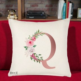 Cadou Personalizat - Perna Personalizata Monograma Rose Gold Litera Q, 40x40 cm, Crem Reliefat, Husa Detasabila, Perna Inclusa, BEKZ®
