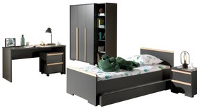 Set LONDON în antracit format dintr-un Pat copii (90x200) cu sertar, noptieră, Dulap camera copii cu 3 uși, birou și cărucior de birou și bibliotecă.