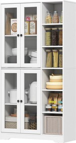 HOMCOM Dulap de bucătărie cu uși din sticlă, rafturi, polițe deschise, 172 cm înălțime, MDF, Alb | Aosom Romania