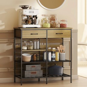 HOMCOM Bufet bucătărie, corp de depozitare cu 2 sertare și 3 rafturi deschise, 90 x 40 x 91 cm, lemn natural și negru | Aosom Romania