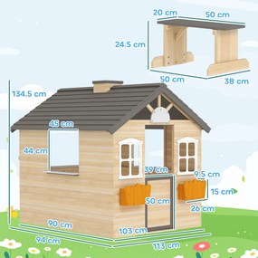 Outsunny Casa de Joaca din Lemn pentru Copii pentru Jocuri de Rol, cu Usa Functionala, Ferestre, Banca, Statie de Service, pentru Copii de 3-7 ani