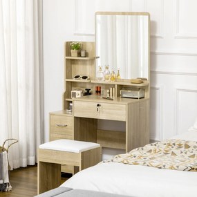 HOMCOM Set de coafare masa de machiaj cu taburet tapitat mare oglinda + rafturi deschise multiple + 4 sertare lemn natural | Aosom Romania