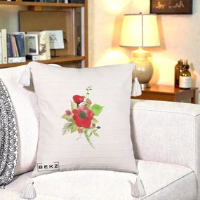 Perna Decorativa Buchet Rosu Acuarela, 40x40 cm, Bej cu Franjuri, Husa Detasabila, Perna Inclusa, BEKZ®