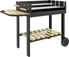 Outsunny Gratar Barbecue Carucior cu Carbune cu Grilaj Dublu Reglabil, Masa Laterala, Raft de Depozitare si Roti, pentru Gatit in Aer Liber