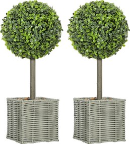 HOMCOM Set de 2 plante artificiale decorative, bile de buxus artificial 50 cm cu ghiveci din plastic împletit și pietre, verde | Aosom Romania