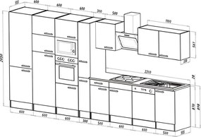 Mobilă de bucătărie Yorki 430, corp din stejar Yorki, față alb satinat, frigider cu congelator superior