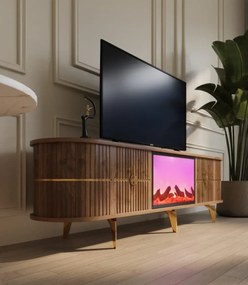 RESIGILAT- Comoda TV cu șemineu electric și riflaje, boxe Bluethooth, telecomandă, Lemn/Auriu, 180x40x50cm