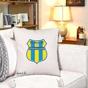 Perna Personalizata Unirea '04 Slobozia Fotbal, 40x40 cm, Bej cu Franjuri, Husa Detasabila, Perna Inclusa, BEKZ®