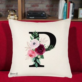 Cadou Personalizat - Perna Personalizata Monograma Florala Litera P, 40x40 cm, Crem Reliefat, Husa Detasabila, Perna Inclusa, BEKZ®