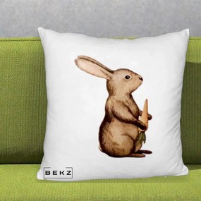 Perna Decorativa Iepuras Acuarela cu Morcov, 40x40 cm, Alb Pufos, Husa Detasabila, Perna Inclusa, BEKZ®