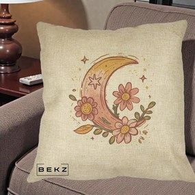 Perna Decorativa Luna Florala Boho, 40x40 cm, Crem, Husa Detasabila, Perna Inclusa, BEKZ®