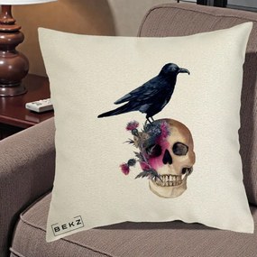 Perna Decorativa Craniu cu Corb si Flori Gothic, 40x40 cm, Ecru, Husa Detasabila, Perna Inclusa, BEKZ®