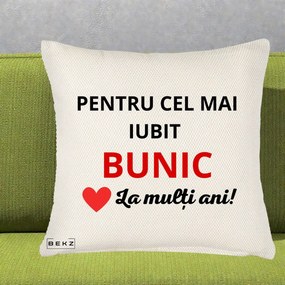 Cadou pentru Bunic - Perna Personalizata Pentru Cel Mai Iubit Bunic La Multi Ani Rosu, 40x40 cm, Crem Reliefat, Husa Detasabila, Perna Inclusa, BEKZ®