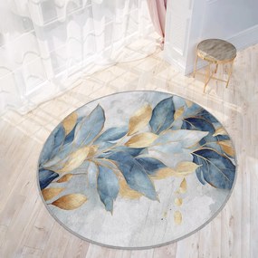 Covor albastru/auriu lavabil rotund ø 80 cm Golden Leaves – Mila Home