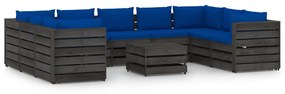 Set mobilier gradina cu perne, 10 piese, gri, lemn tratat albastru si gri, 9