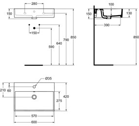 Lavoar suspendat alb 60 cm, dreptunghiular, orificiu baterie si preaplin, Ideal Standard Strada 600x420 mm