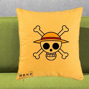 Perna Personalizata One Piece Jolly Roger Straw Hat Pirates, 40x40 cm, Galben, Husa Detasabila, Perna Inclusa, BEKZ®